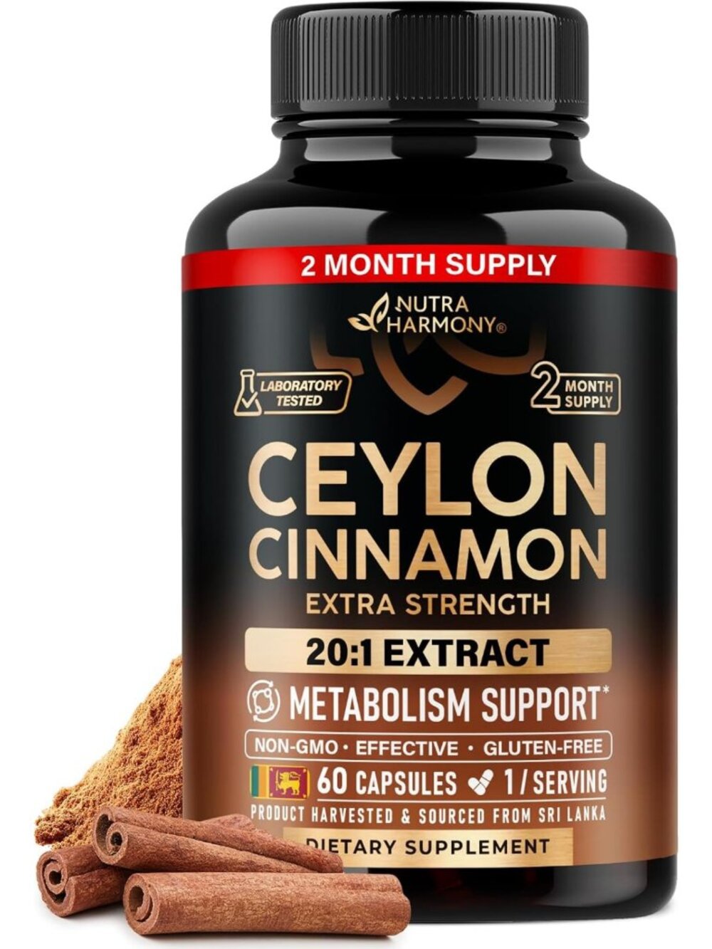 Ceylon Cinnamon Capsules for Energy, Heart Health & Metabolism - 60 Count